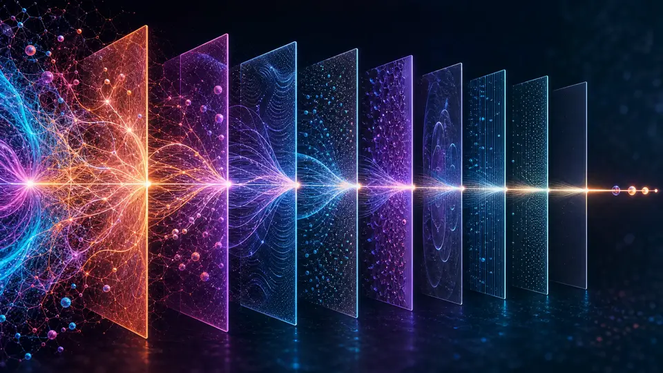 Scientific psychedelic abstraction of a capability signal narrowing through eight translucent policy fields before reaching a small approved tool set