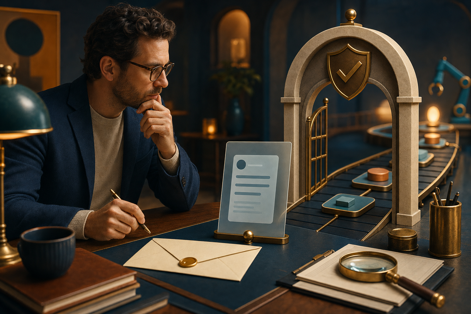 An editorial illustration of a human reviewer examining an email draft before a guarded approval gate