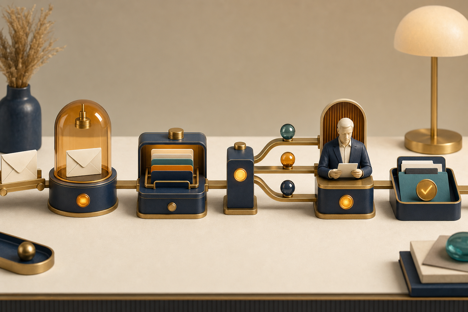 An editorial illustration of a business workflow moving through trigger, classification, approval, and action stations