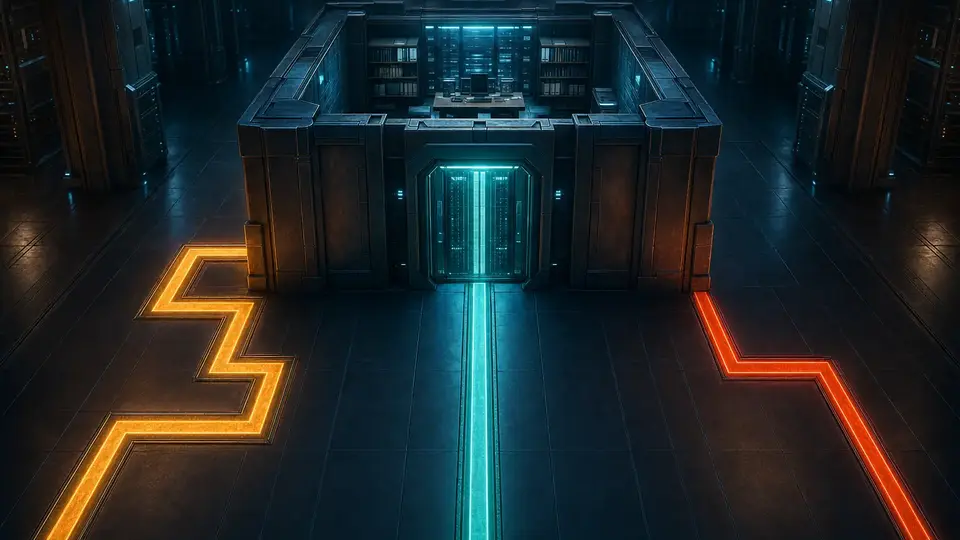 A protected workspace core accepts one green route while orange and red routes turn away at the filesystem boundary