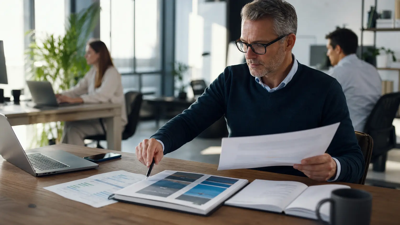 An operations lead reviews a polished report, presentation storyboard and spreadsheet prepared from connected work.