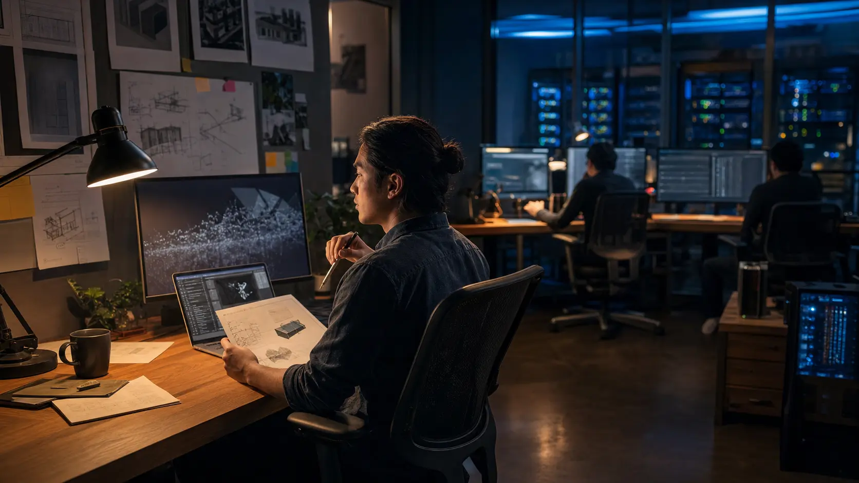 A developer supervises several parallel software tasks running across workstations and a remote server room.