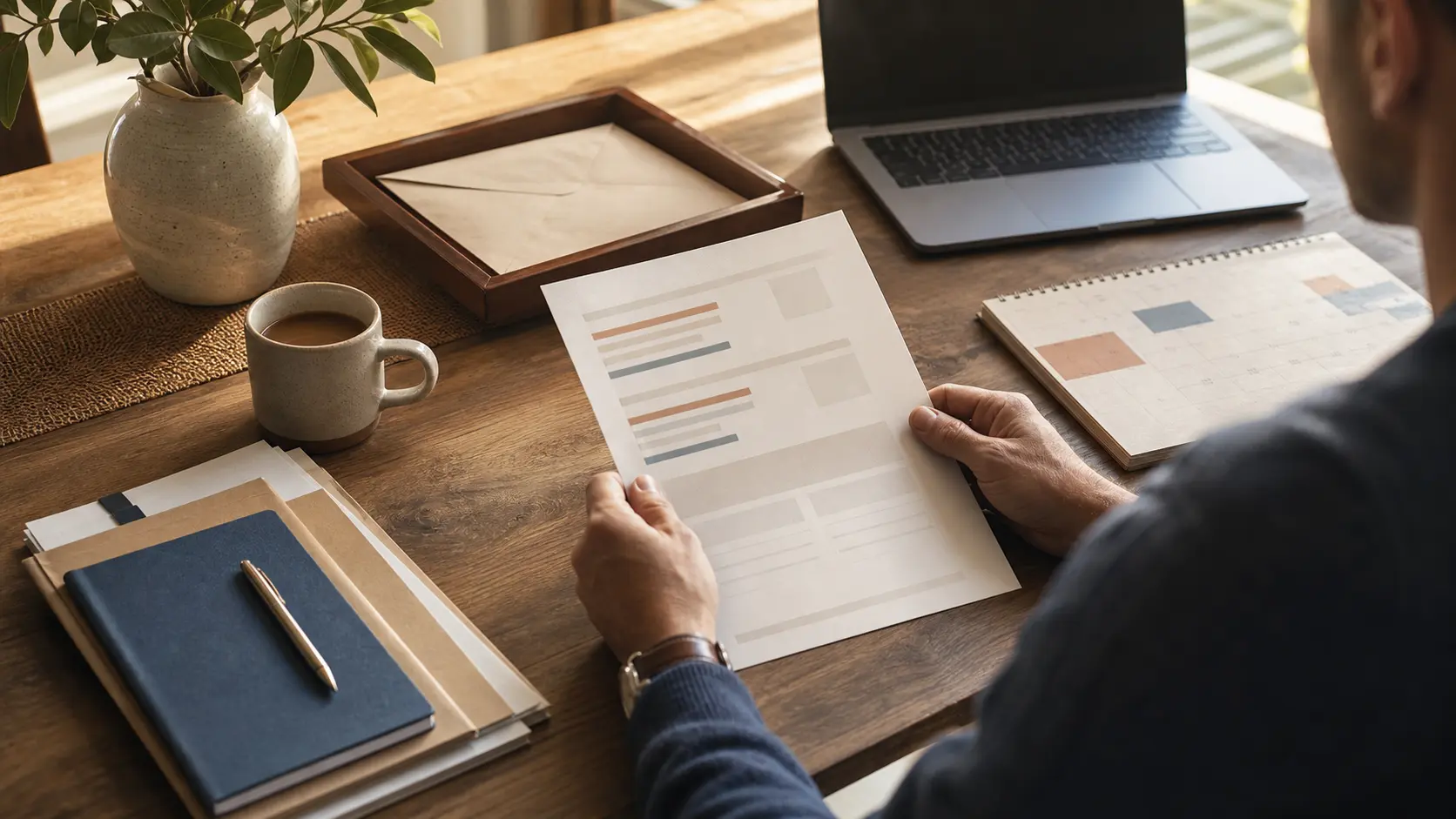 A professional reviews a calm one-page morning brief beside a calendar, project notes and an unsent correspondence tray.