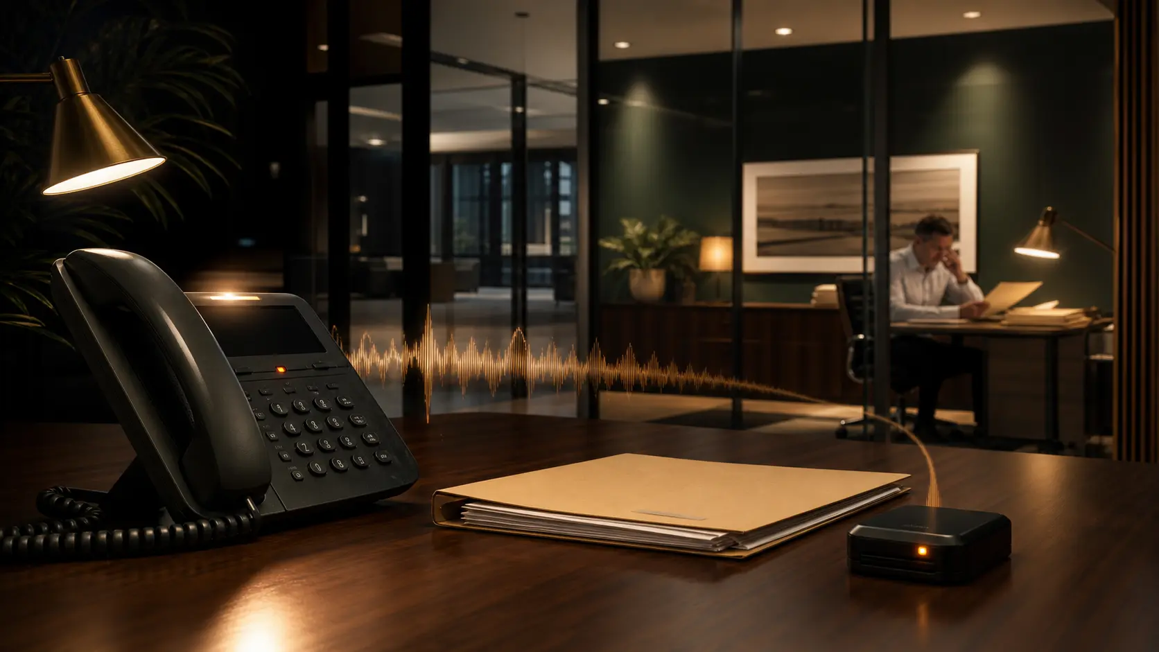 An unattended business phone handles an invoice call while a finance lead reviews a flagged case behind glass.