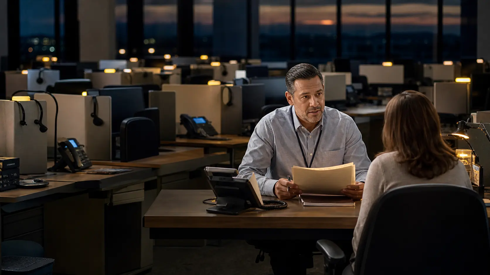 A customer-service operation routes an automated voice interaction through a clear human approval point.