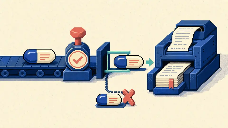 Pixel-art message capsule passing an approval seal into a receipt ledger while a duplicate path is blocked