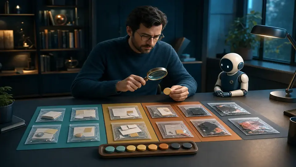 An operator comparing grouped evidence packets while a small agent waits beside the review table