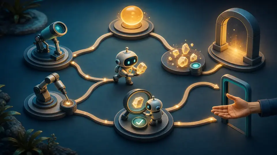 A bounded agent loop connecting observation, tool execution, result inspection, and a human approval gate