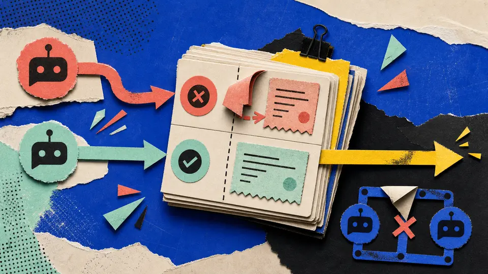 Fresh and duplicate event paths meeting a paper ledger where one receipt exits and a bot loop is physically closed