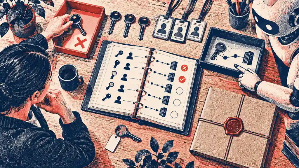 A small-business operator and an audit assistant review agent keys, access badges and network routes in a sealed evidence ledger.