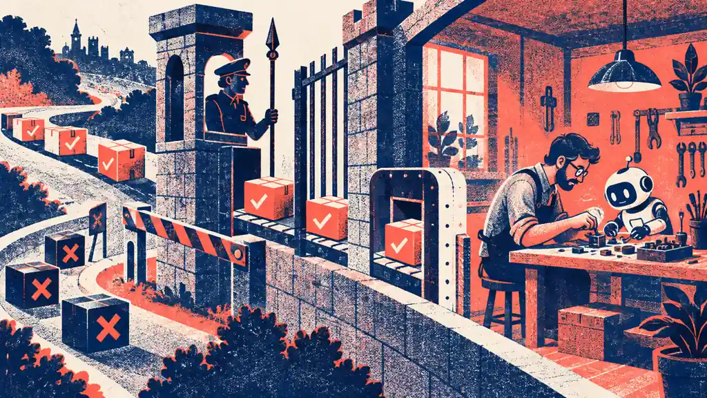 A guarded delivery route admits approved network parcels into a protected agent workshop while diverting blocked parcels.