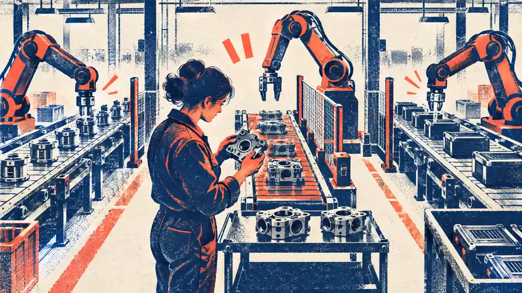 A supervisor inspects one paused autonomous production lane while two other agent-run lanes continue within clear limits.