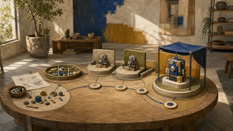 A painterly circular workbench moves from sketch and components through durable checkpoints to one finished deployable machine