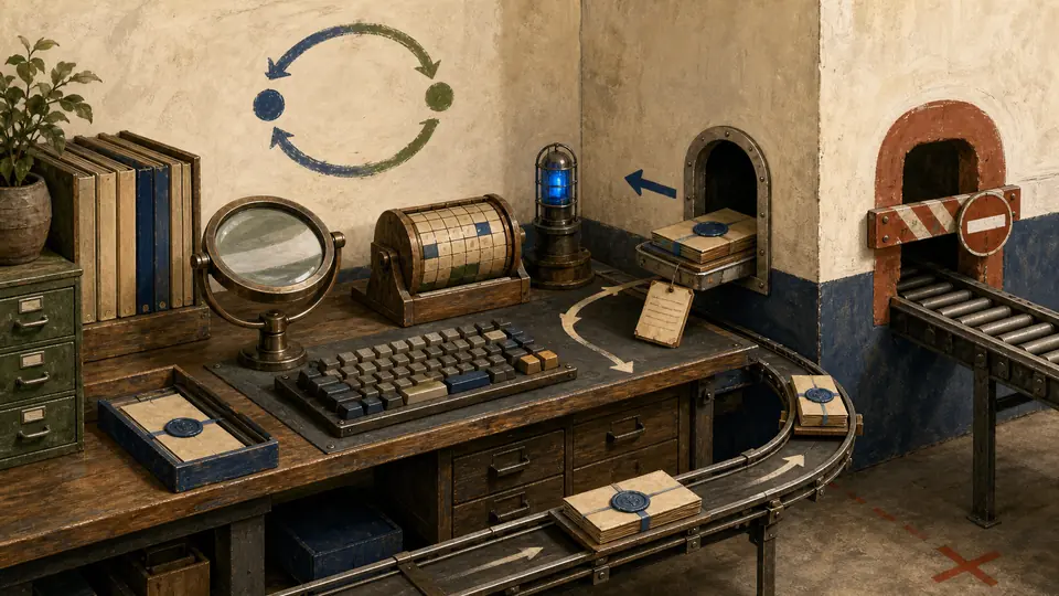 A painterly persistent operations bench receives sealed work packets through one hatch while a second shared-write conveyor is physically blocked