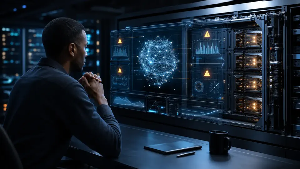 Operator inspecting diagnostic warnings around an AI agent runtime before making any repair