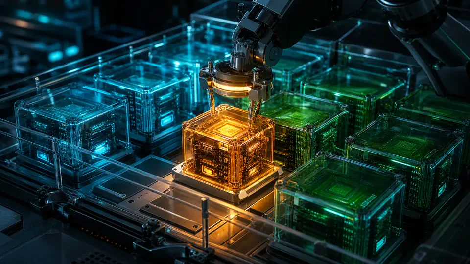 Precision tool repairing one amber runtime module while surrounding healthy modules remain untouched