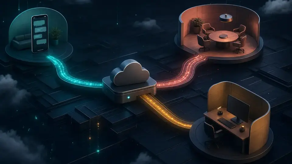 A message route branching from one gateway toward a mobile chat, a team room, and an operator workstation