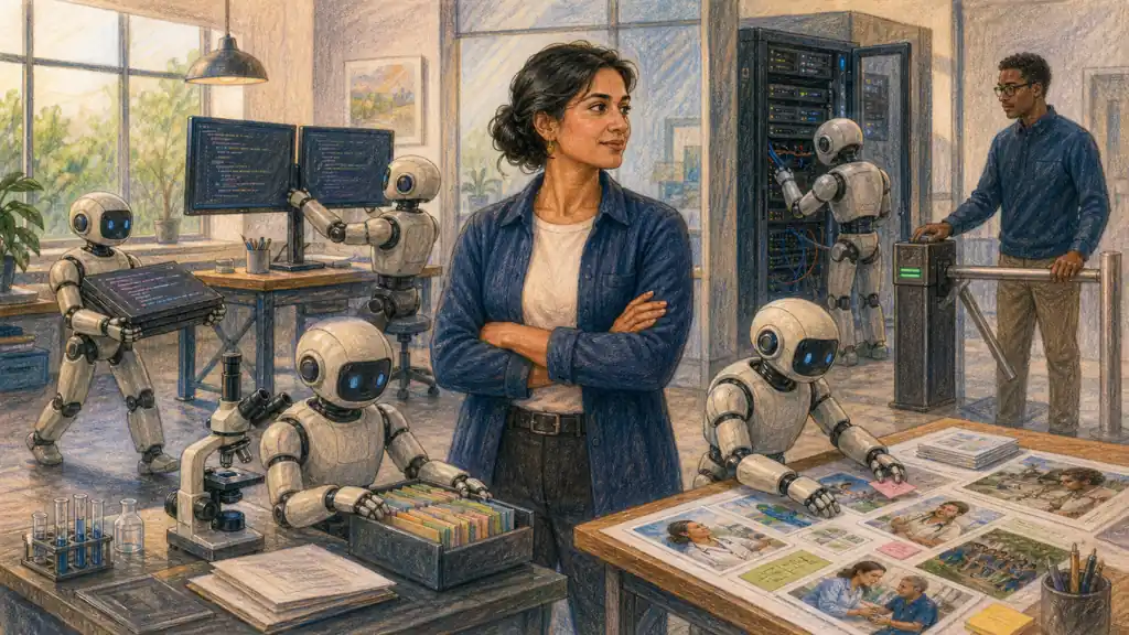 An operations lead supervises visible agents working on code, display settings, life-science evidence, campaign planning and cloud infrastructure.