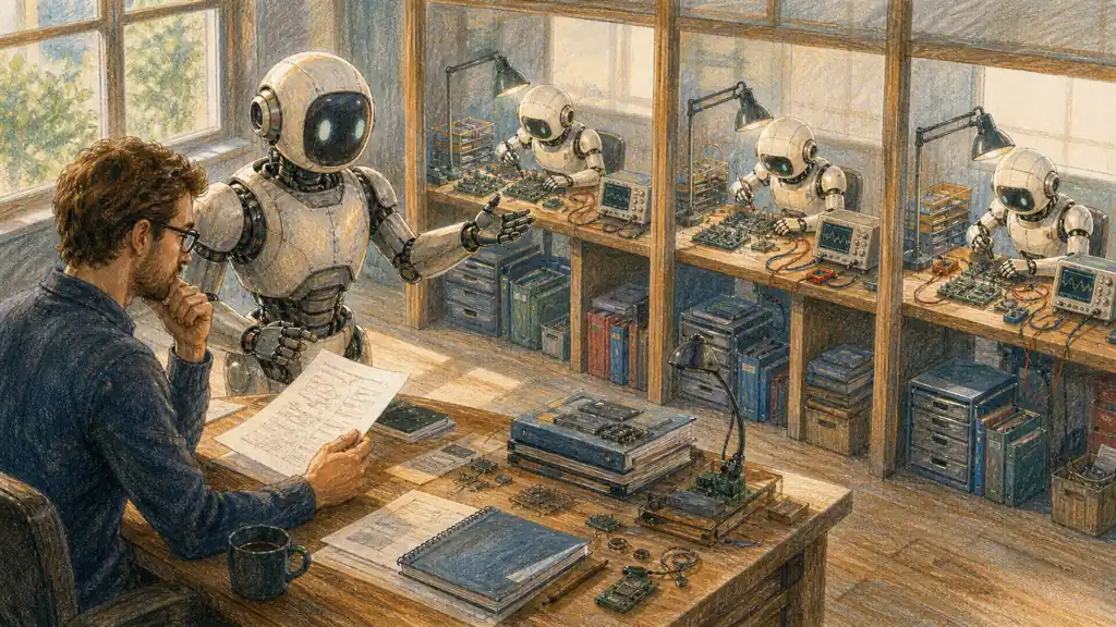 A software engineer reviews a completed change while a coding agent coordinates helper agents in isolated work bays.