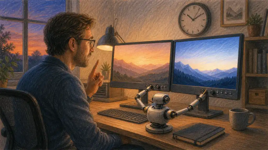 A desktop agent adjusts two monitors together while their owner gives one instruction at dusk.