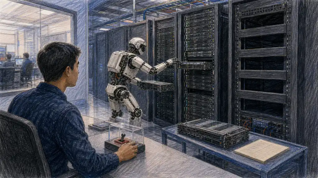 A cloud operations agent consolidates server resources while an engineer controls the approval switch.