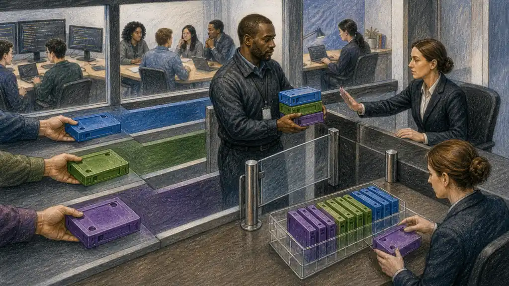 Three work-request lanes converge on an independent security checkpoint that holds and archives denied requests.