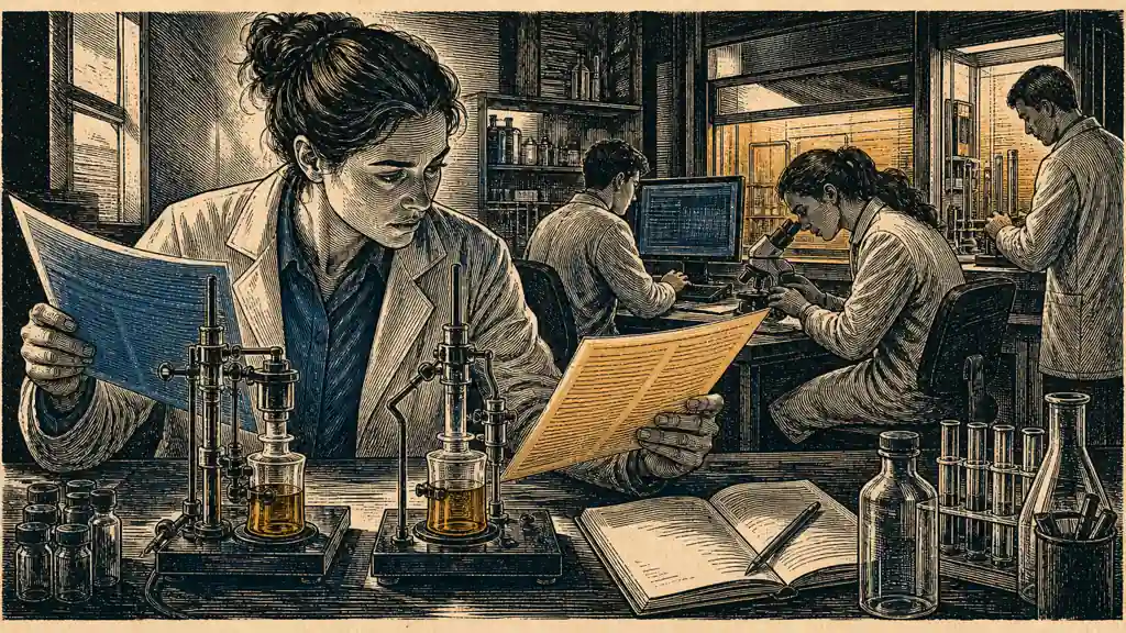 A scientist compares a reproduced experiment with the original paper while an autonomous research team works nearby.