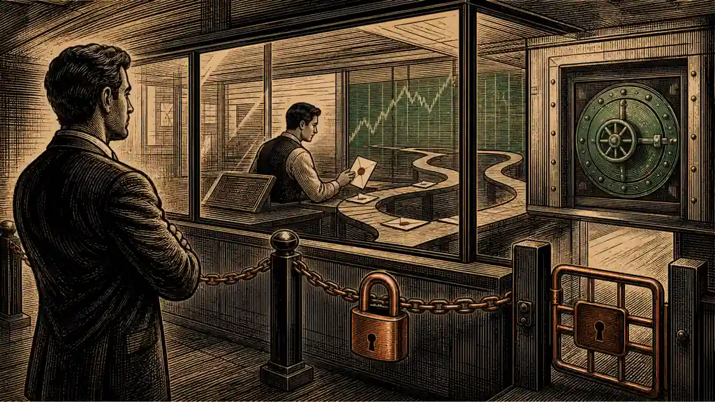 A human account owner watches an autonomous market operator work inside a clearly bounded trading booth.