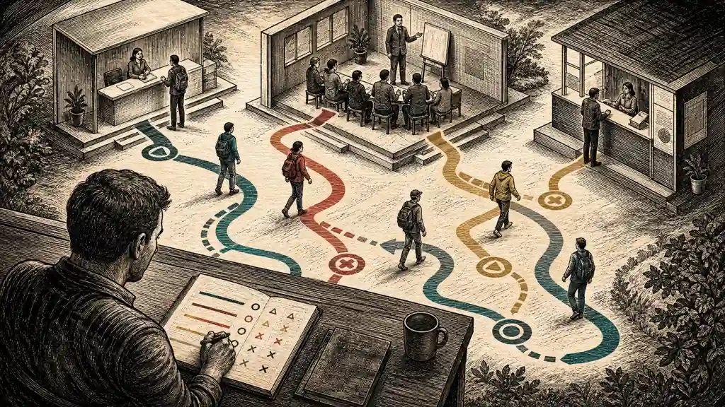Six distinct task couriers attempt the same customer journey while an evaluator records where each one stops.