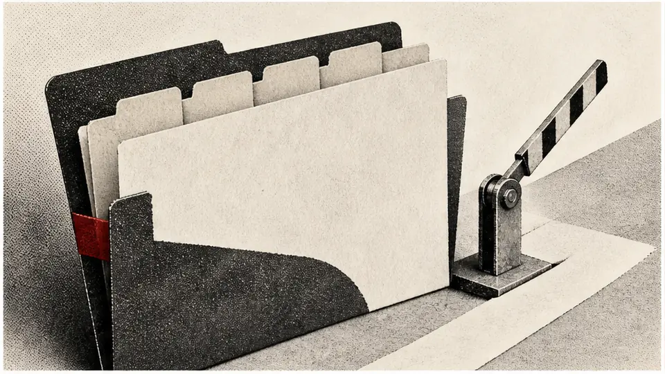 An empty paper phase folder with four dividers passing through a small mechanical validation gate