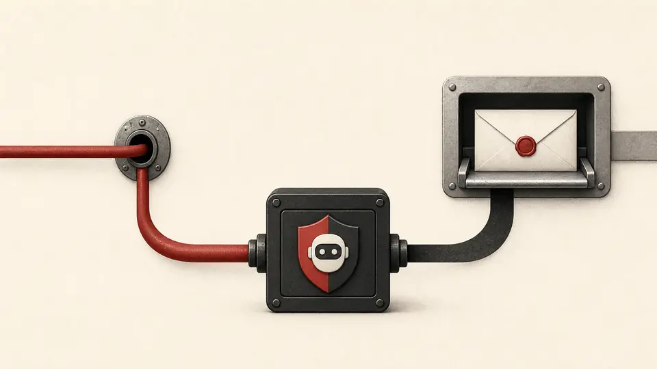 Minimal editorial illustration of a persistent cable and a sealed request hatch reaching the same guarded agent boundary