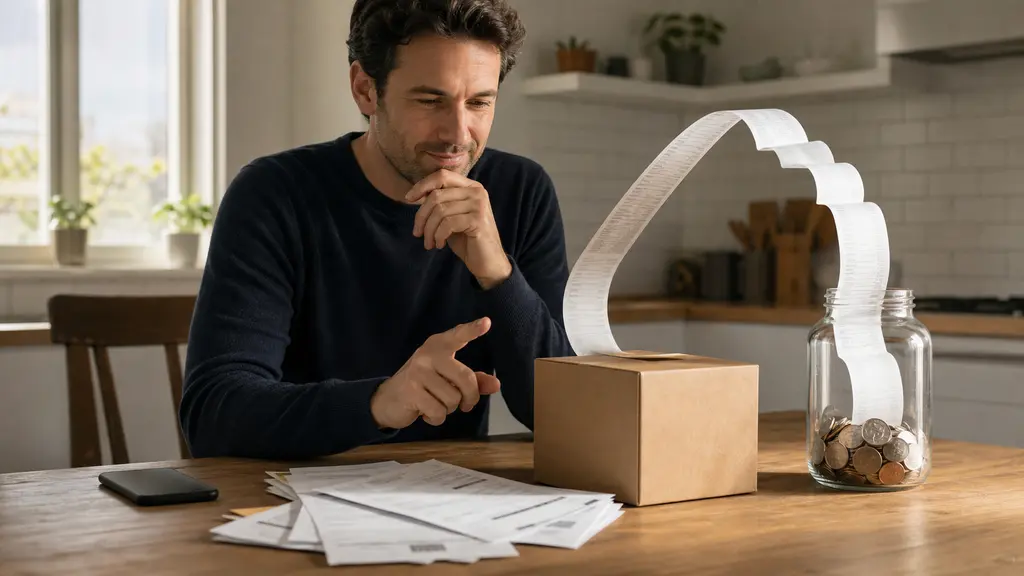A household account holder decides whether a long receipt should move from a subscription box into a savings jar.