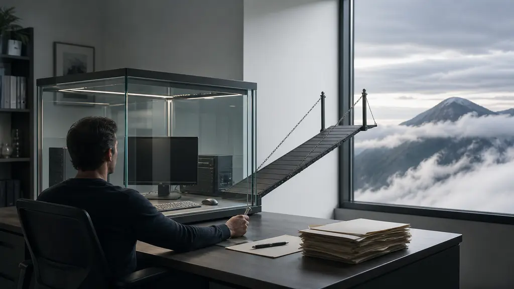 A user controls a raised bridge between a glass-enclosed private workstation and cloud-covered mountains.