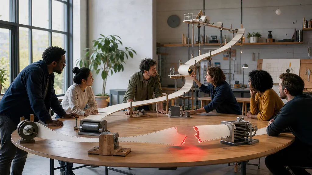 A team watches a physical ribbon of automated work and redirects it where a failed segment is visible.