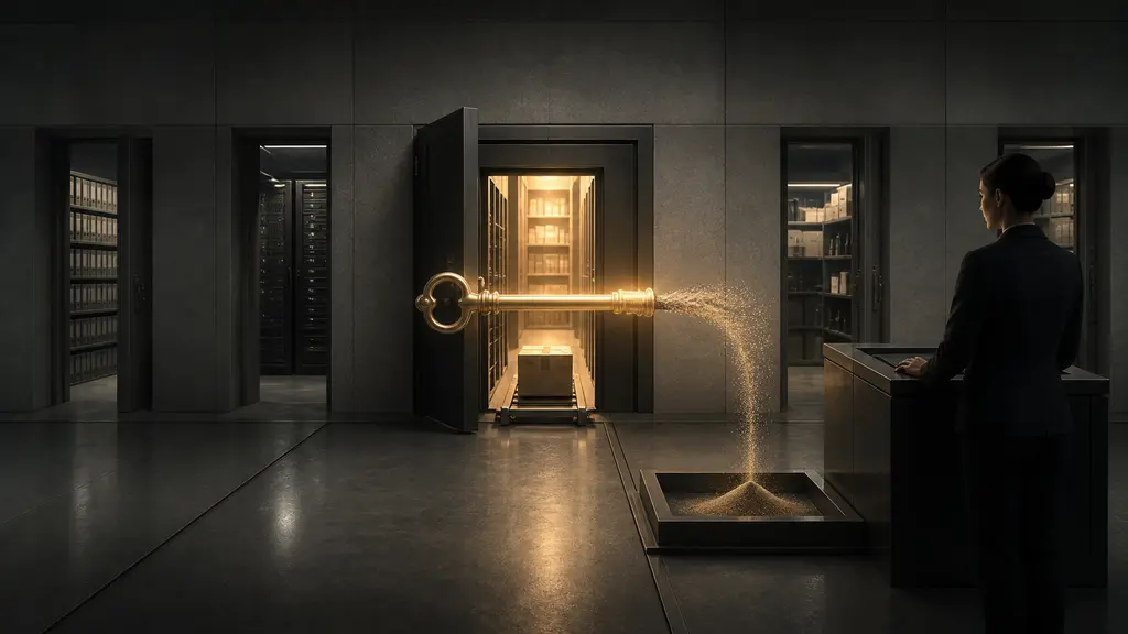 A temporary key opens one task door and dissolves into a sealed evidence tray while a security operator watches.