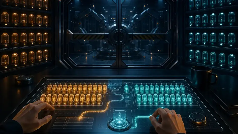 An operator reviewing two protected archive banks and a maintenance path before a sealed cleanup mechanism
