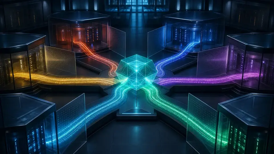 Separate illuminated conversation routes entering distinct protected chambers around a central session router
