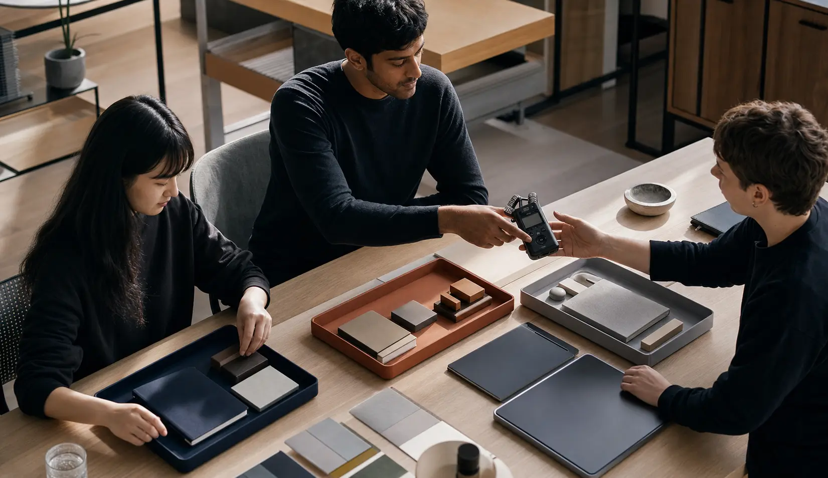 Three engineers pass an audio recorder between separate, color-coded task stations.