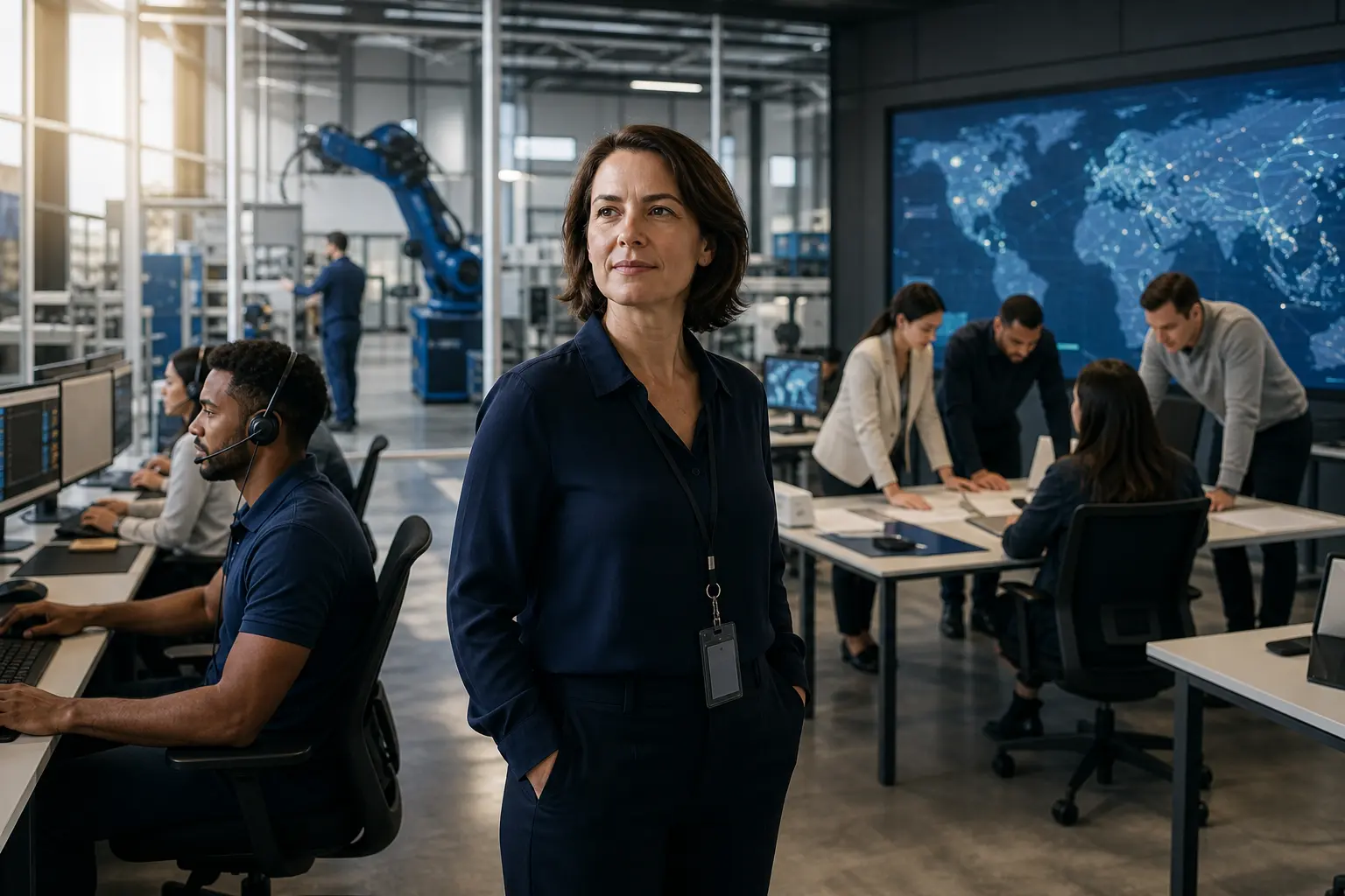An operations director supervises customer support, factory automation, security response, and team coordination from one bright control room.