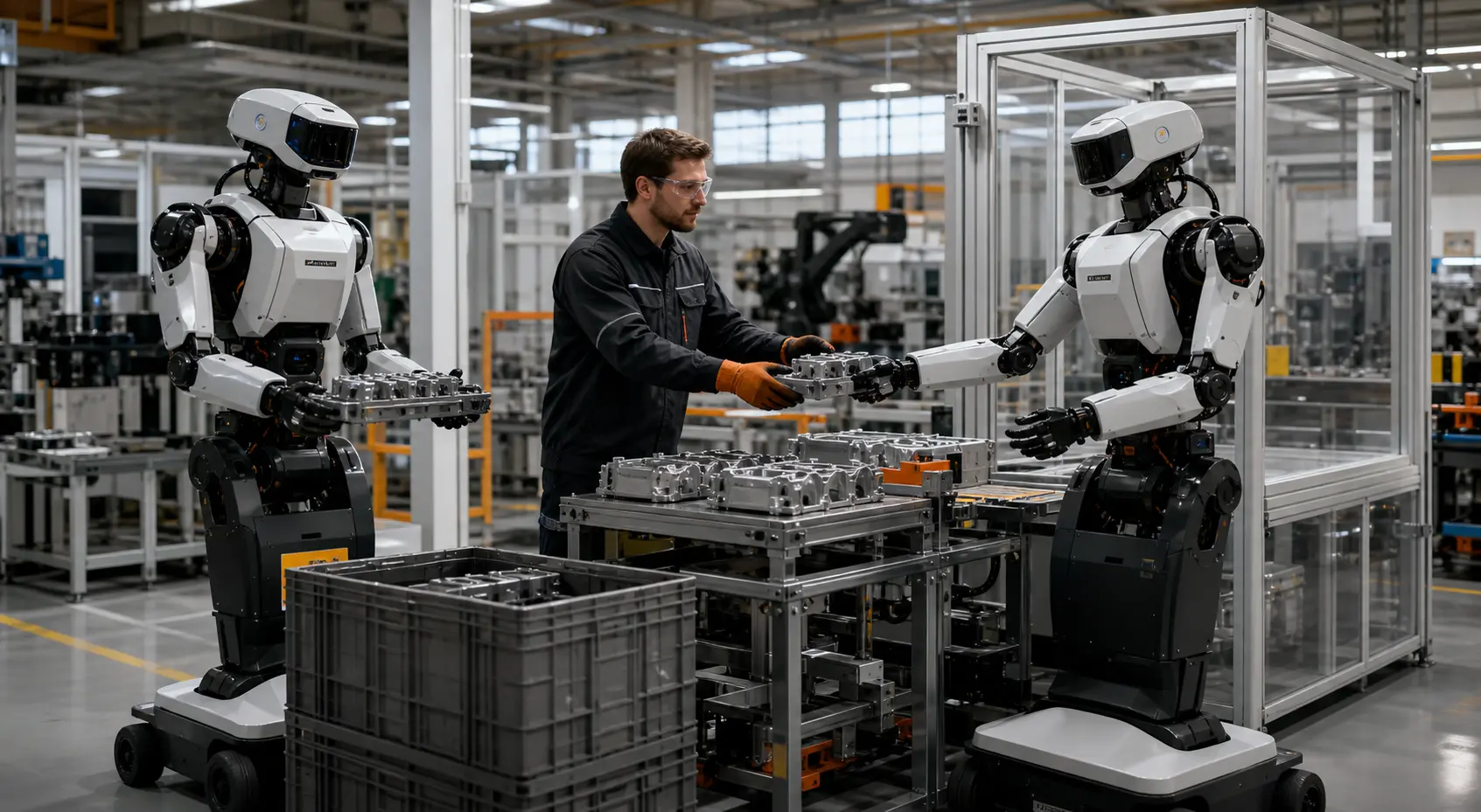 A production engineer supervises a safe component handoff between two wheeled industrial robots.
