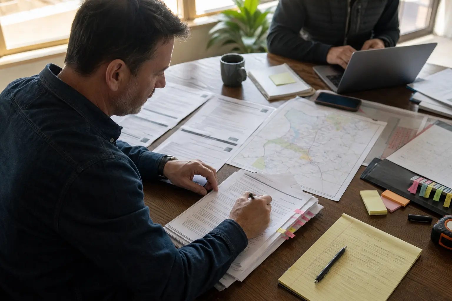 A small-business owner and colleague verify municipal bid notices, deadlines and a regional project map.