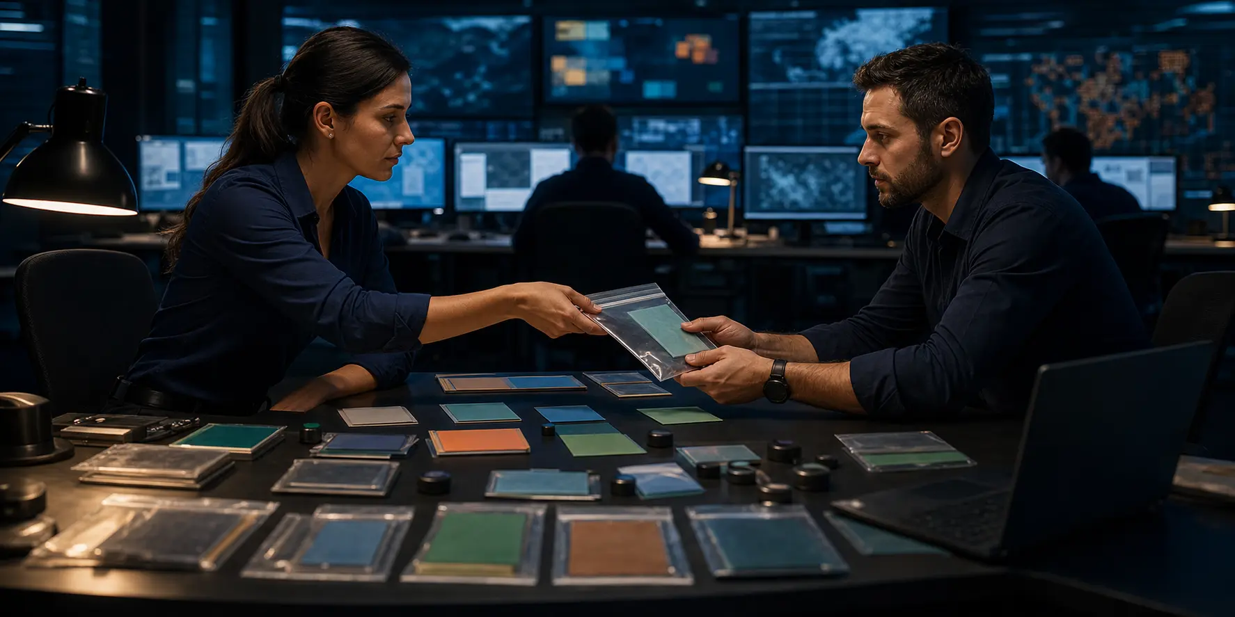 Two security analysts hand off an unlabeled evidence packet in a controlled night operations center.