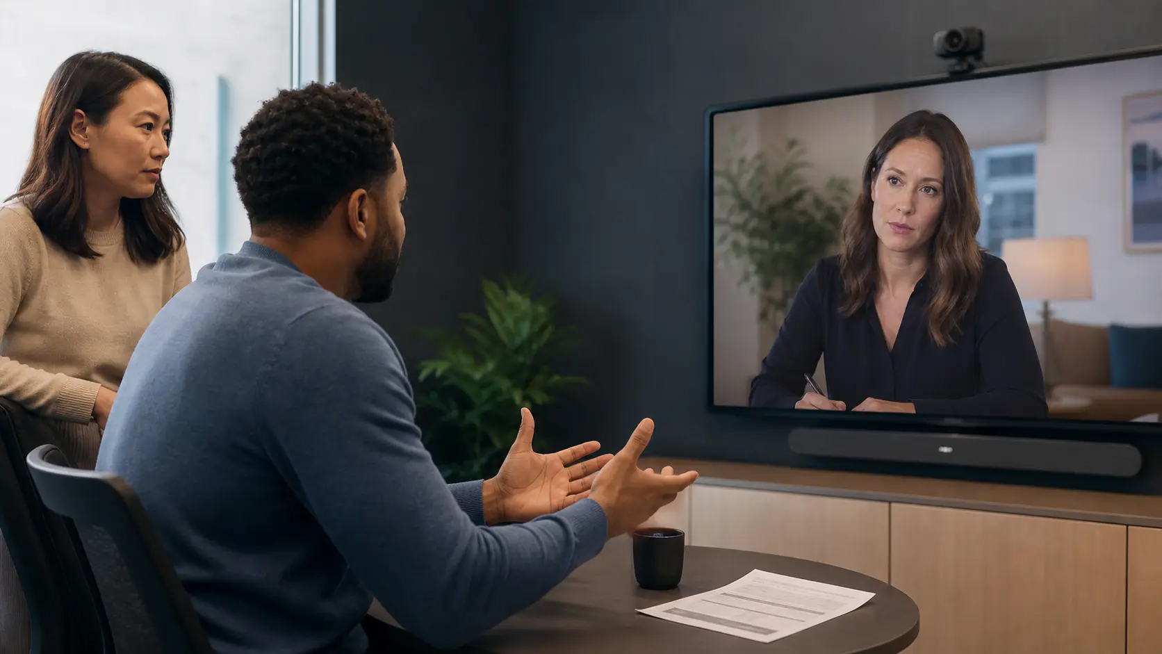 An employee practices a difficult conversation with a remote roleplay coach while a manager observes.