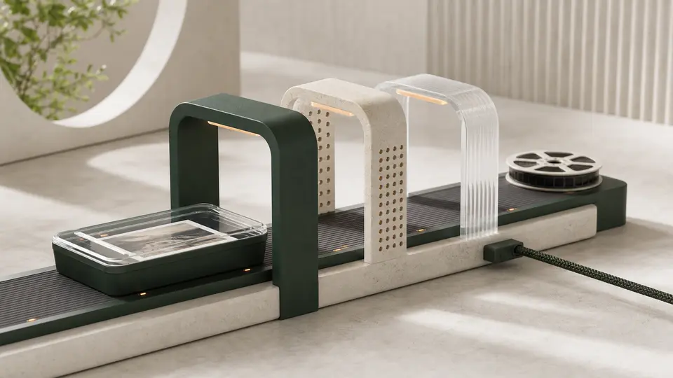 Sealed local media tray passing three abstract verification arches while a remote cable ends at a closed port