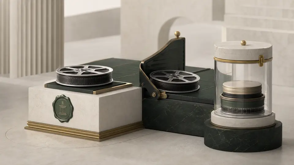 One accepted film reel on a receipt pedestal while a duplicate reel is stopped by a one-way latch beside a sealed evidence capsule