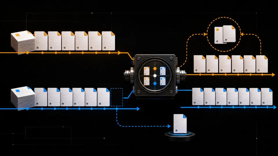 Amber desired-state cards and blue observed-state cards pass through a comparison instrument that isolates duplicates and repairs one missing card