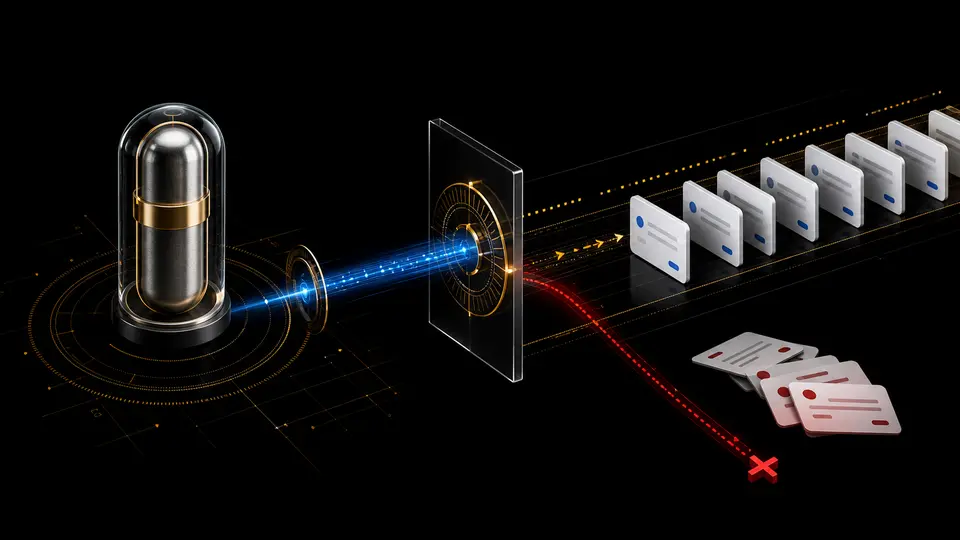 A sealed credential capsule feeds a narrow blue channel through a metering gate while an orderly card queue proceeds and an unsafe burst is rejected