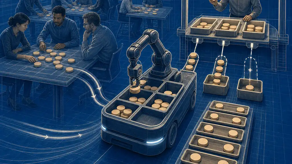 A team’s unresolved wooden tokens move through an autonomous sorter into trays that stop at a human review gate.
