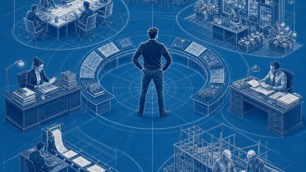 An operations lead oversees six real-world work areas where agents coordinate teams, business growth, legal tasks, schedules, construction and software.