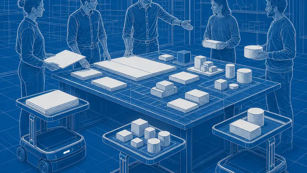 Human teammates direct three autonomous work carts as blank materials converge on one shared project table.